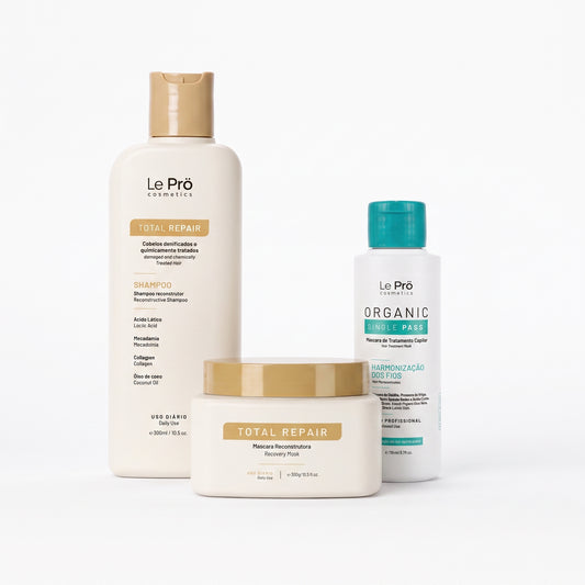 Les trois produits du pack lissage maison pour cheveux courts, sur fond blanc