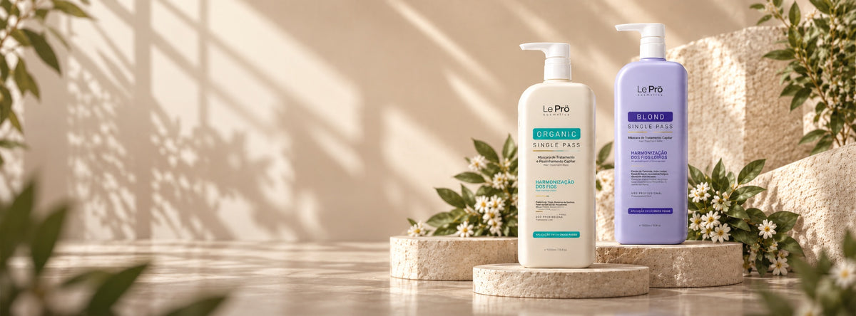 Lissage sans formol au Maroc : flacons 1 L Organic Single Pass et Blond Single Pass Le Prö sur pierre